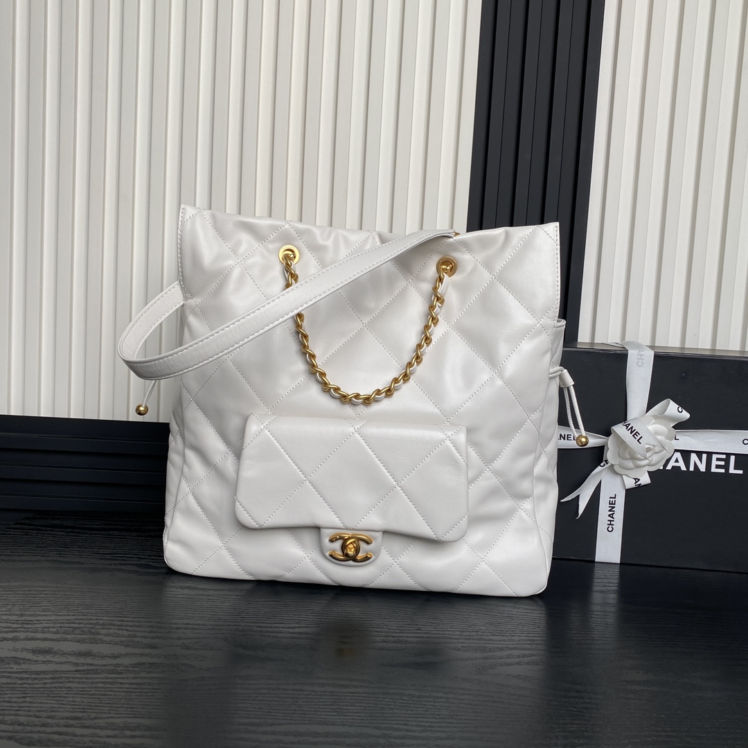 Bagsaaa Ch**el Shopping Bag AS5315 White Lambskin - 34 x 36 x 12cm