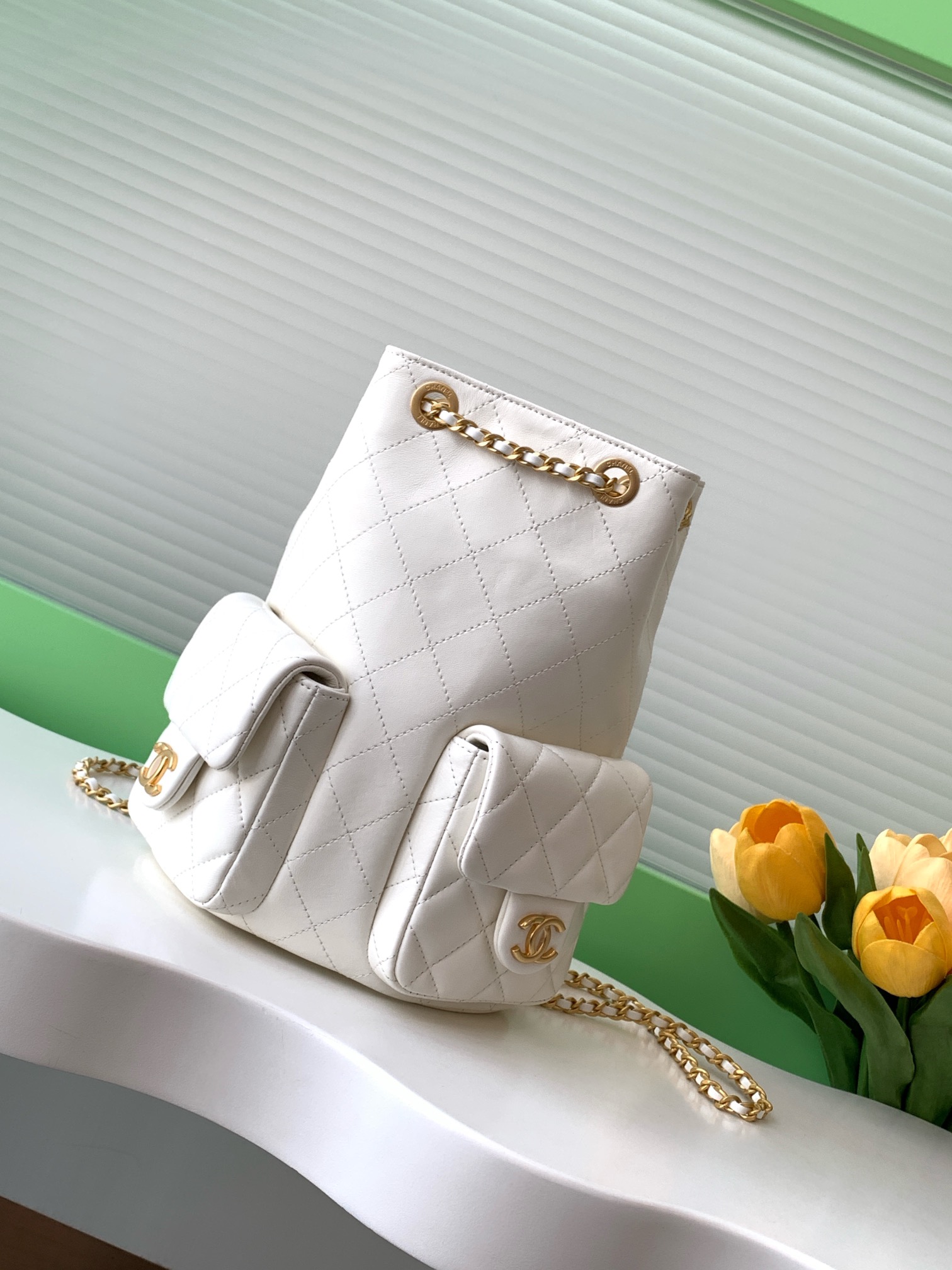 Bagsaaa Ch**el Backpack AS5310 White Lambskin - 24.5 x 18 x 8cm