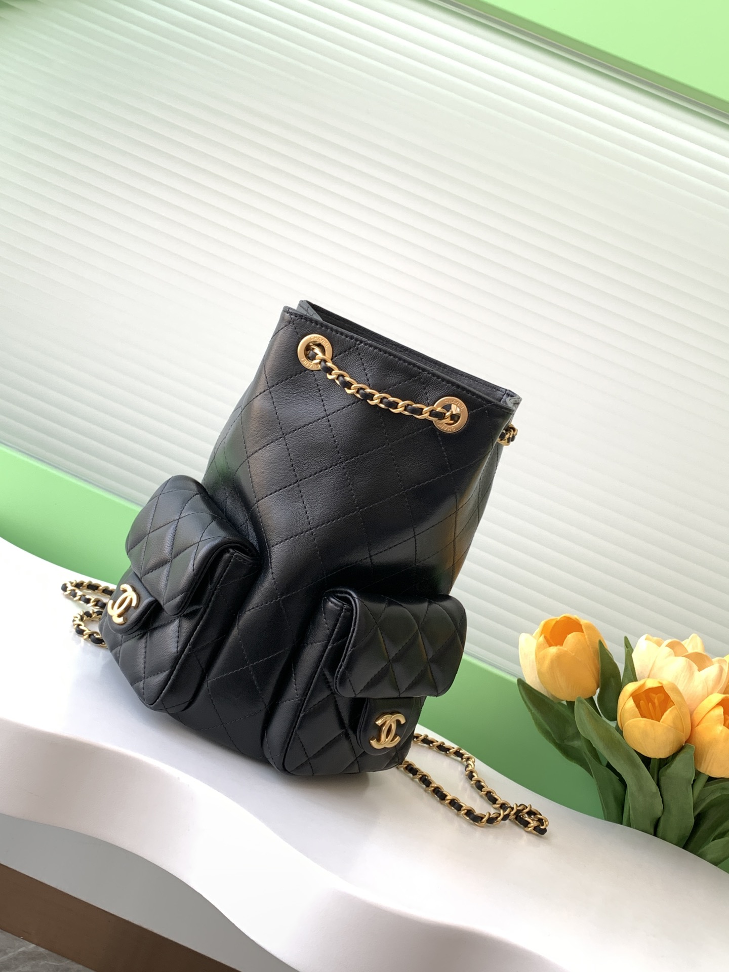 Bagsaaa Ch**el Backpack AS5310 Black Lambskin - 24.5 x 18 x 8cm