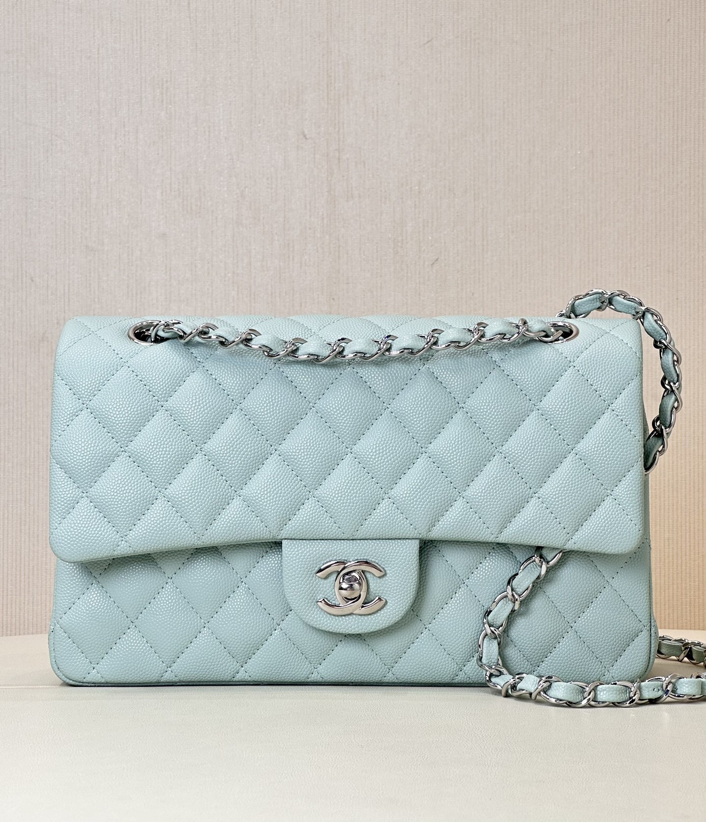Bagsaaa Ch**el Classic Flap Bag Light Blue Caviar & Silver - 25cm