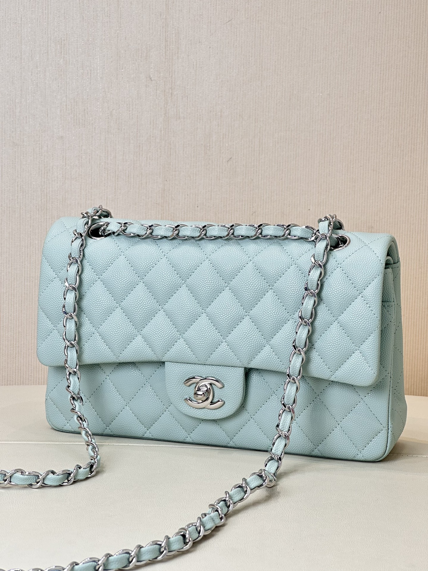 Bagsaaa Ch**el Classic Flap Bag Light Blue Caviar & Silver - 25cm