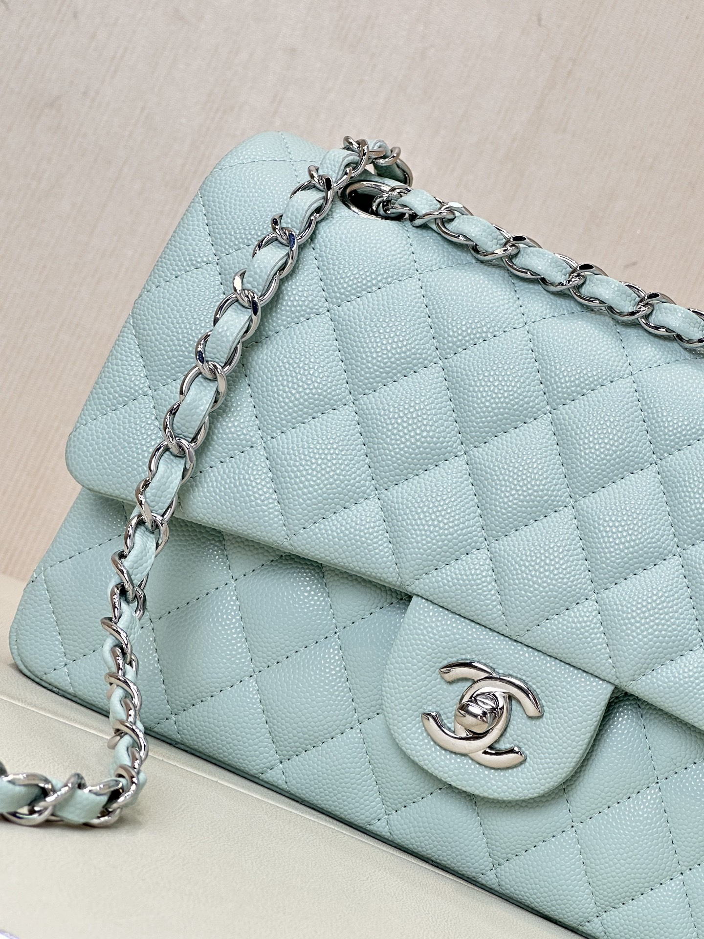 Bagsaaa Ch**el Classic Flap Bag Light Blue Caviar & Silver - 25cm