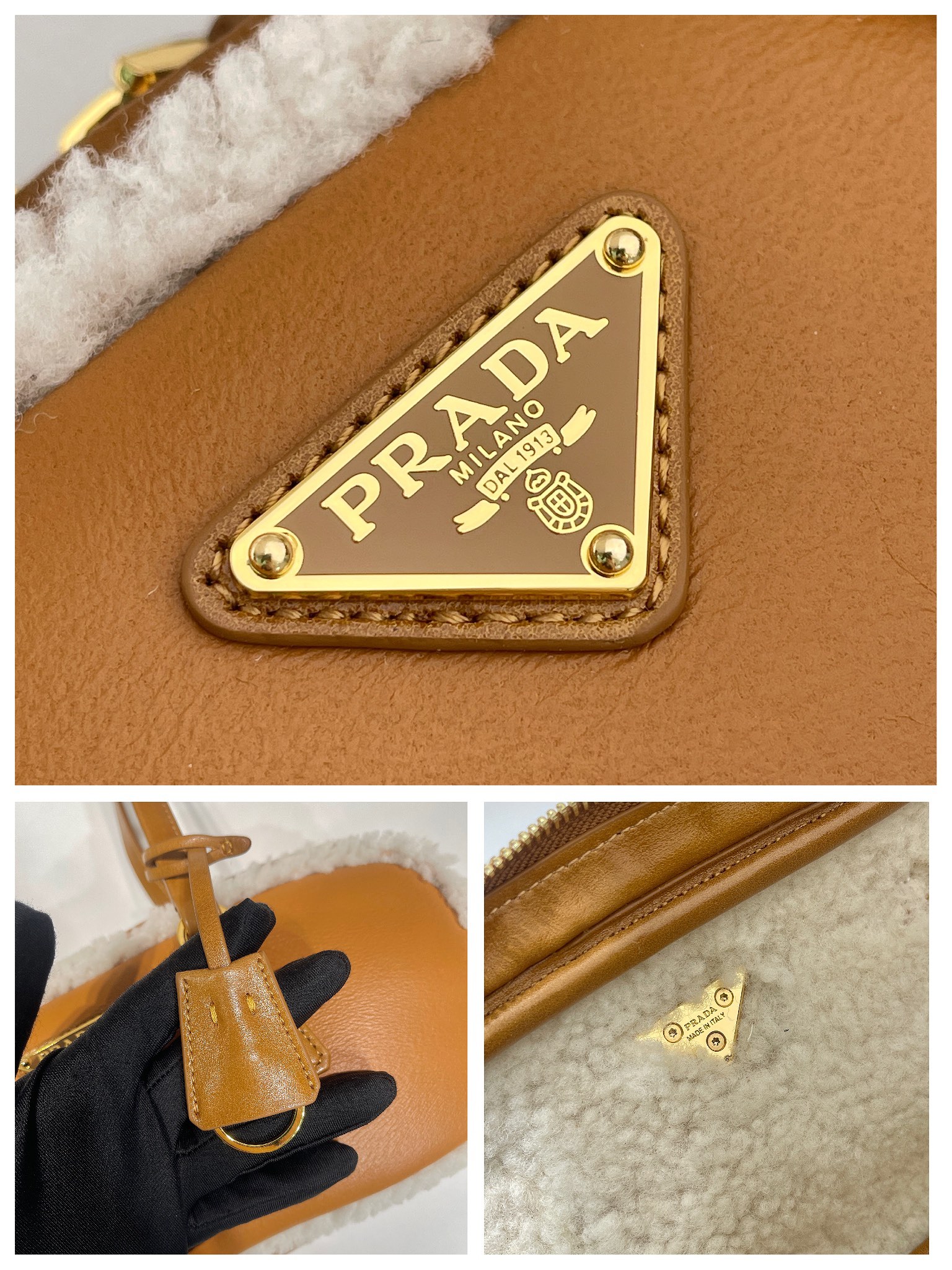 Bagsaaa Pra*a Medium shearling two-handle bag 1BB124 brown - 27x12x6 cm