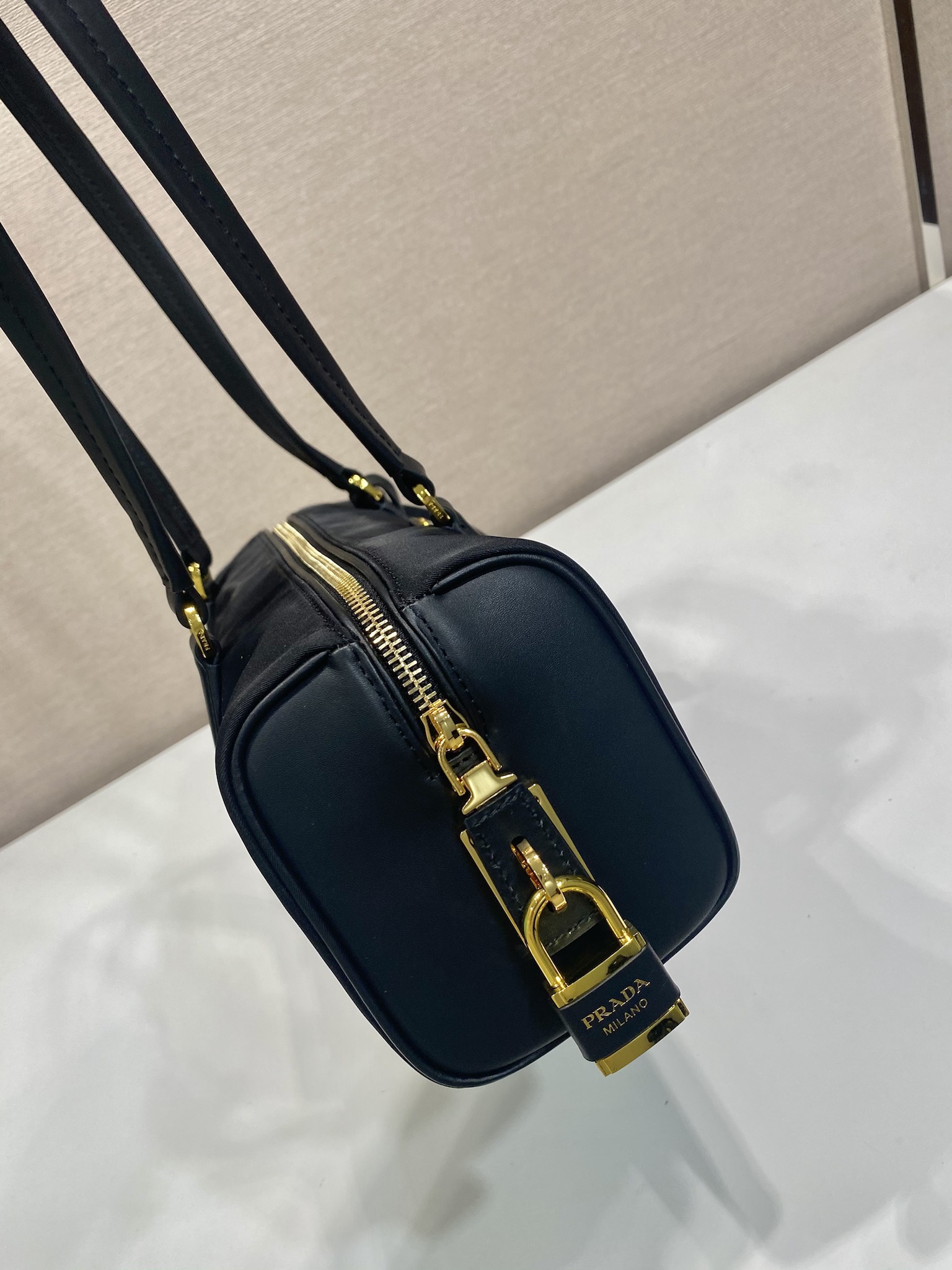 Bagsaaa Pra*a Re-Nylon and leather medium top-handle bag with padlock 1BB127 black - 29cm