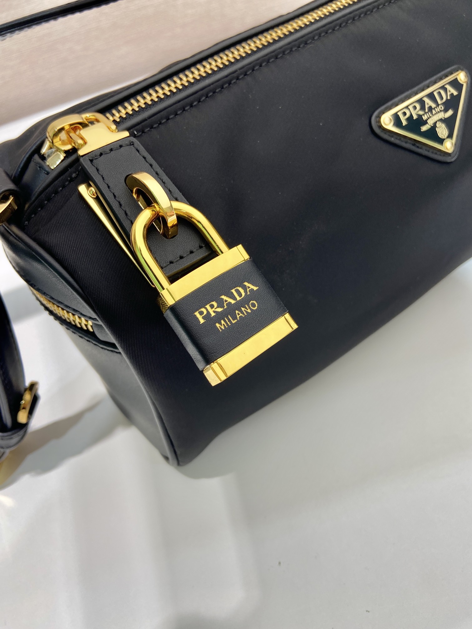 Bagsaaa Pra*a Medium Re-Nylon and leather shoulder bag with padlock 1BC233 black - 27cm