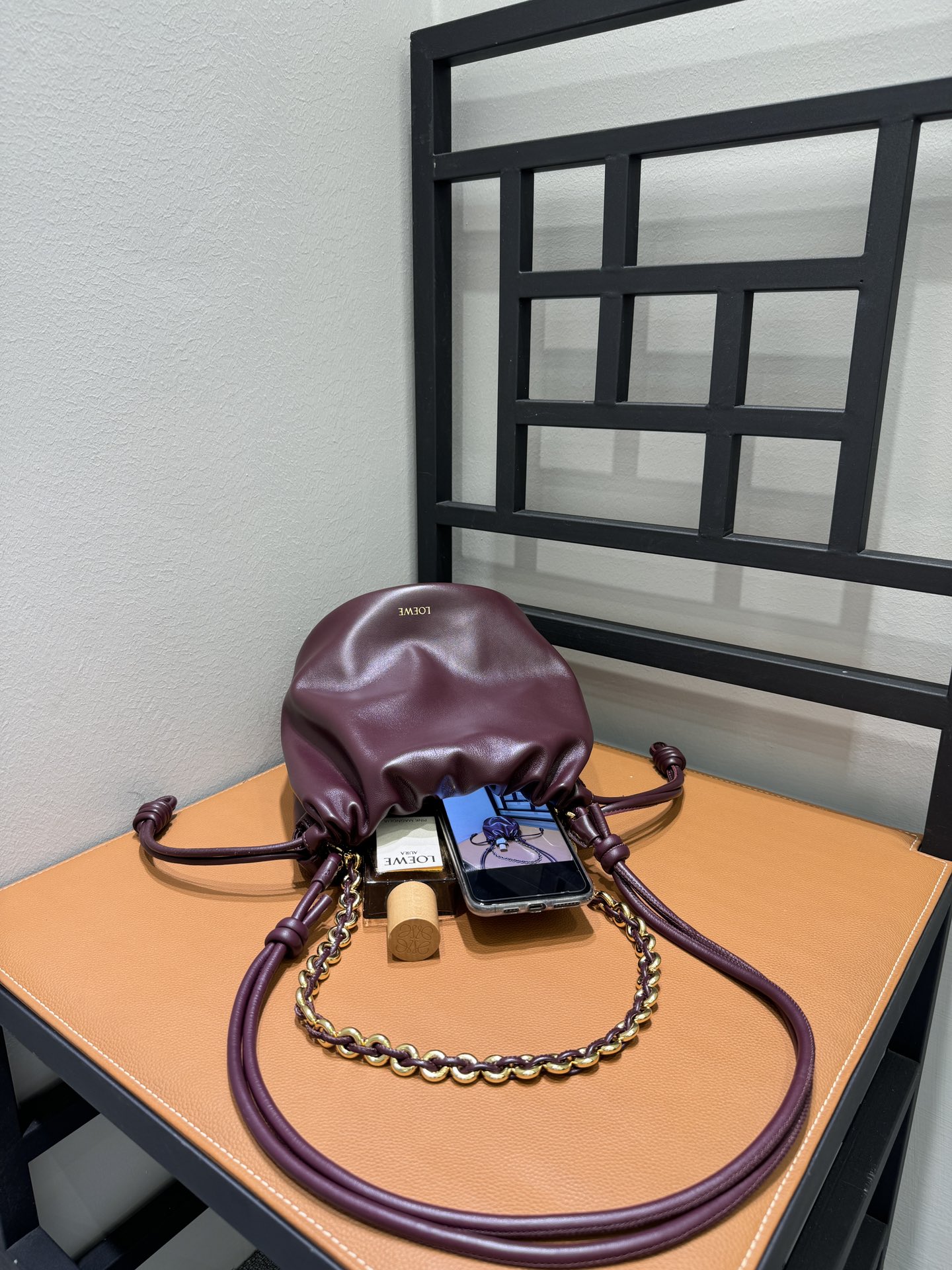 Bagsaaa L0ew* Flamenco purse bucket in mellow nappa lambskin dark burgundy - 32*17*24cm