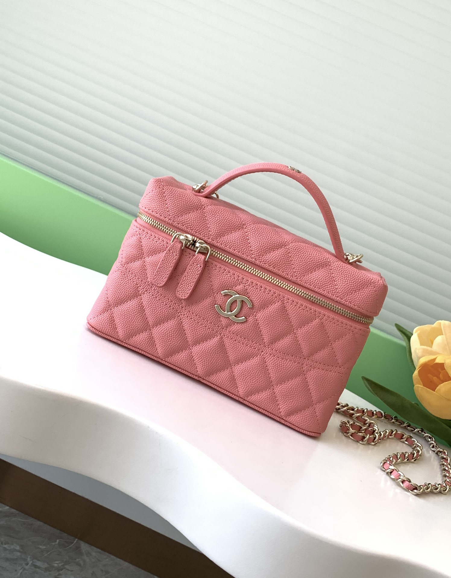Bagsaaa Ch**el Long Vanity with chain AP4407 Pink - 17 x 19.5 x 5cm