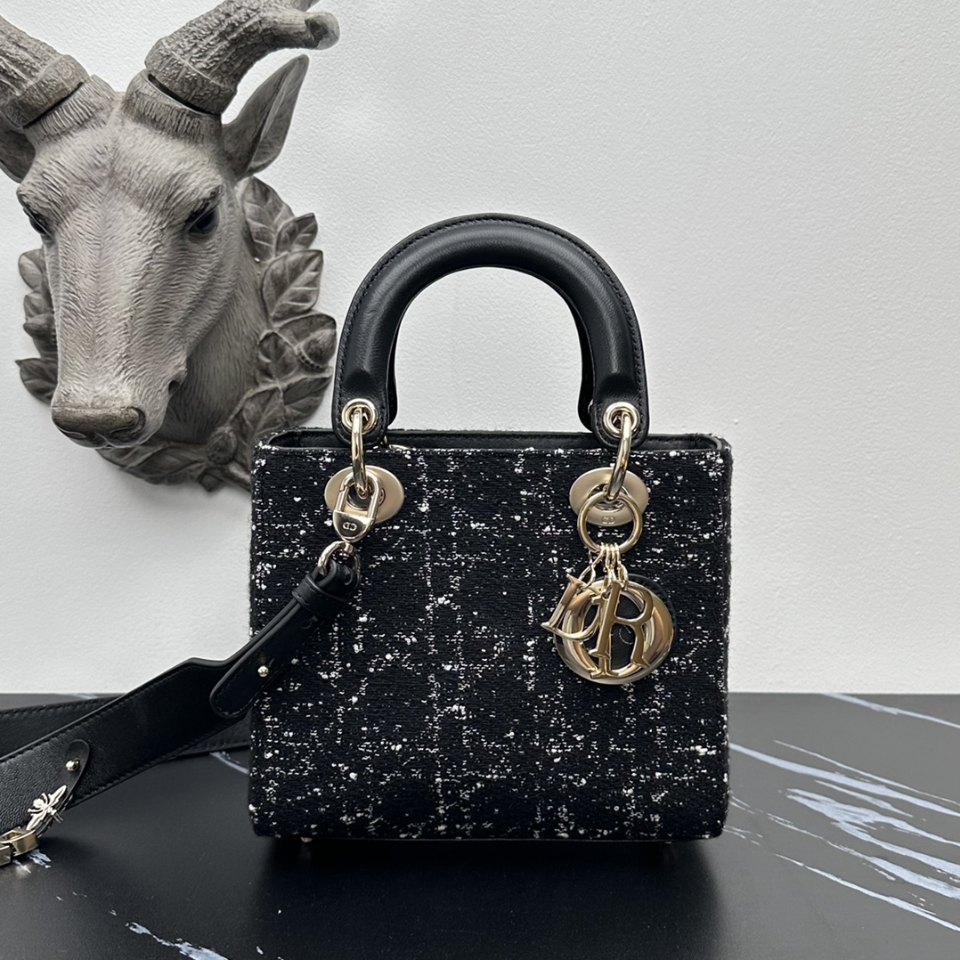 Bagsaaa Small Lady D10r My ABCD10r Bag Black Tweed with White Cannage Motif - 20cm