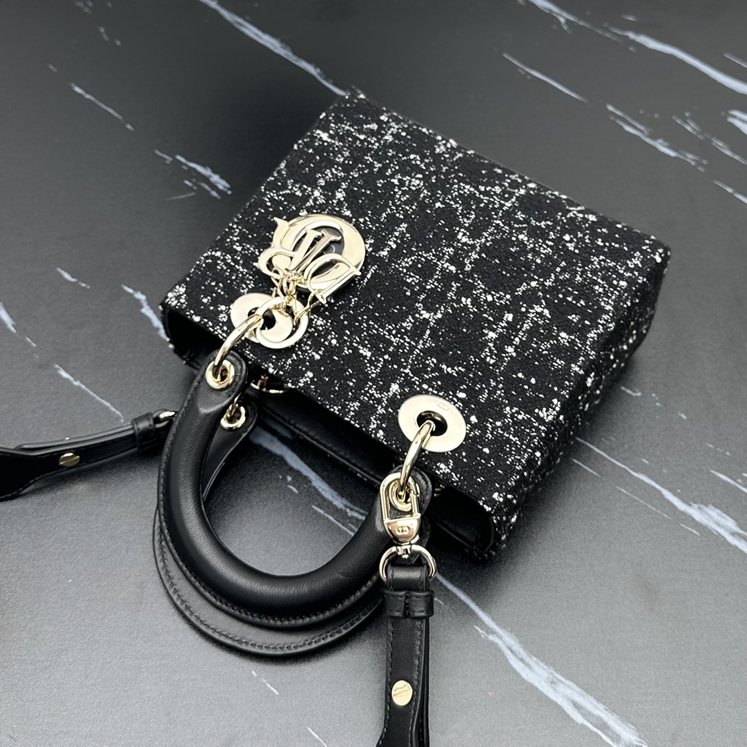 Bagsaaa Small Lady D10r My ABCD10r Bag Black Tweed with White Cannage Motif - 20cm