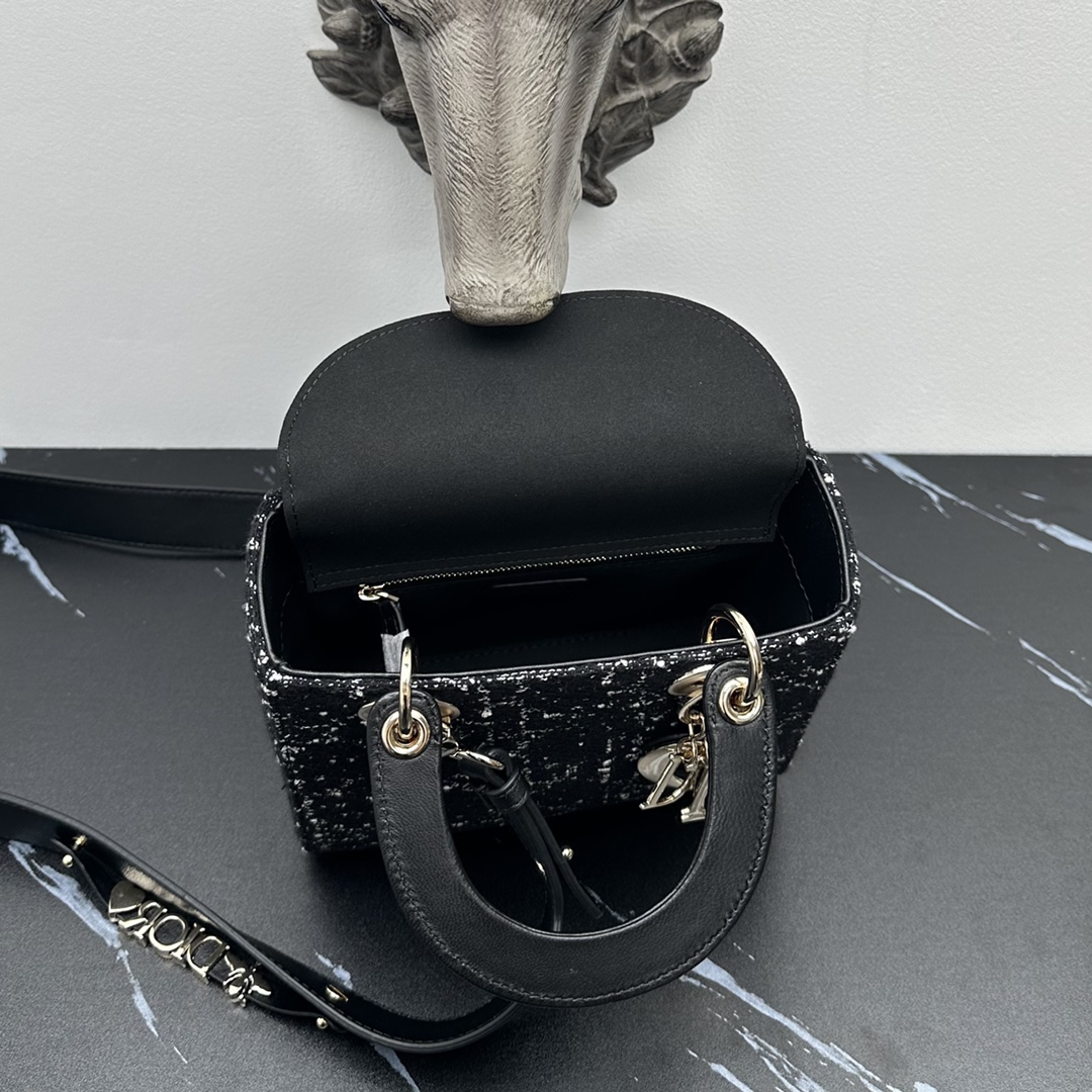 Bagsaaa Small Lady D10r My ABCD10r Bag Black Tweed with White Cannage Motif - 20cm