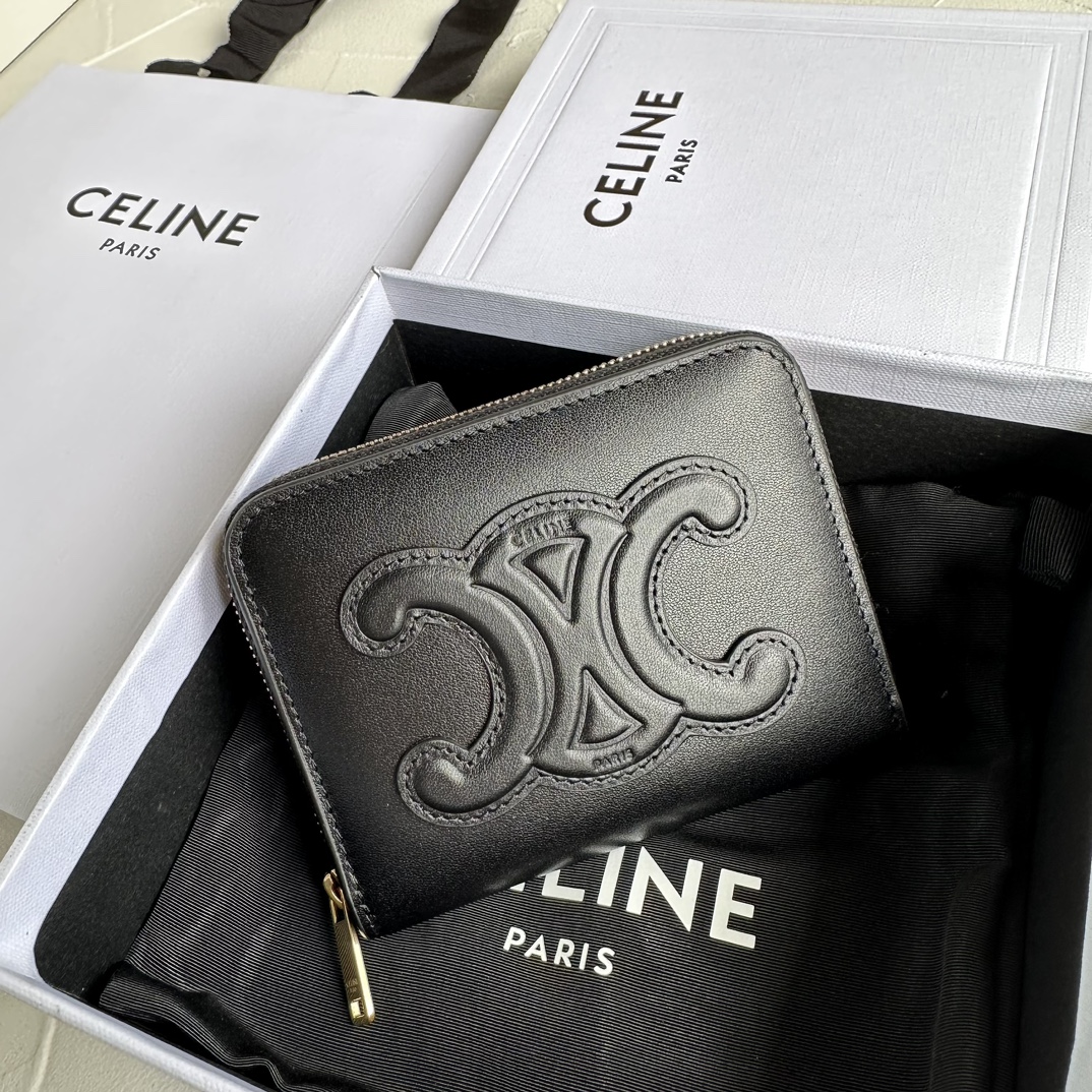 Bagsaaa Ce1i*e Compact Zipped Wallet Cuir Triomphe In Smooth Calfskin Black - 11 x 8.5 x 2 CM