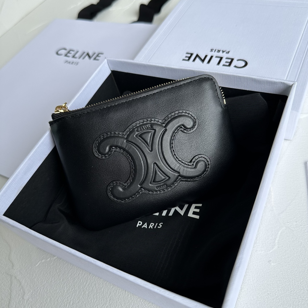 Bagsaaa Ce1i*e Coin And Card Pouch Cuir Triomphe In Smooth Calfskin Black - 13cm