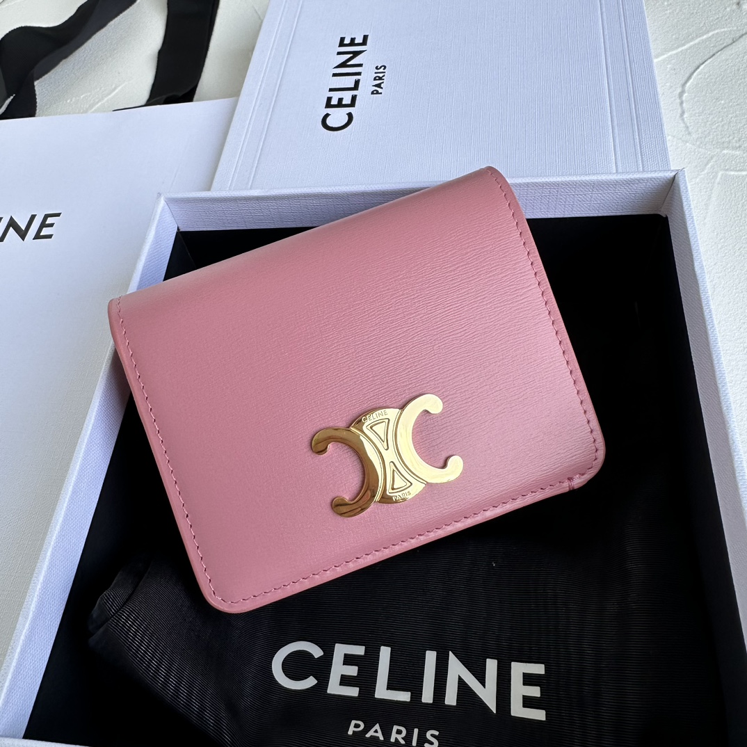 Bagsaaa Ce1i*e Triomphe Compact Wallet In Shiny Calfskin Pink - 11 x 9 x 3 CM