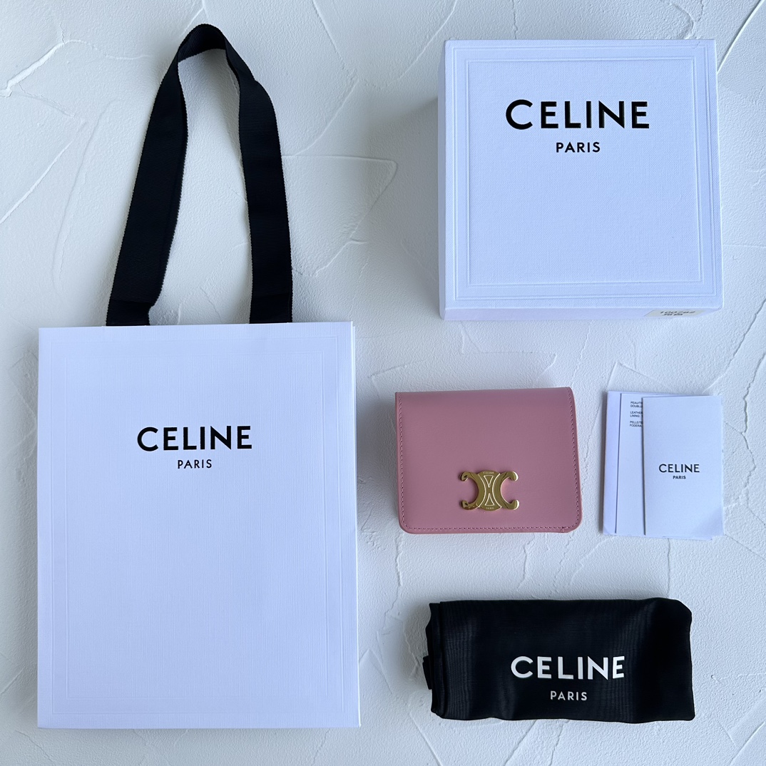 Bagsaaa Ce1i*e Triomphe Compact Wallet In Shiny Calfskin Pink - 11 x 9 x 3 CM