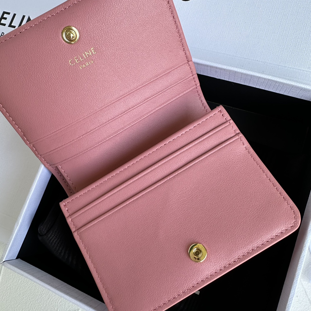 Bagsaaa Ce1i*e Triomphe Compact Wallet In Shiny Calfskin Pink - 11 x 9 x 3 CM