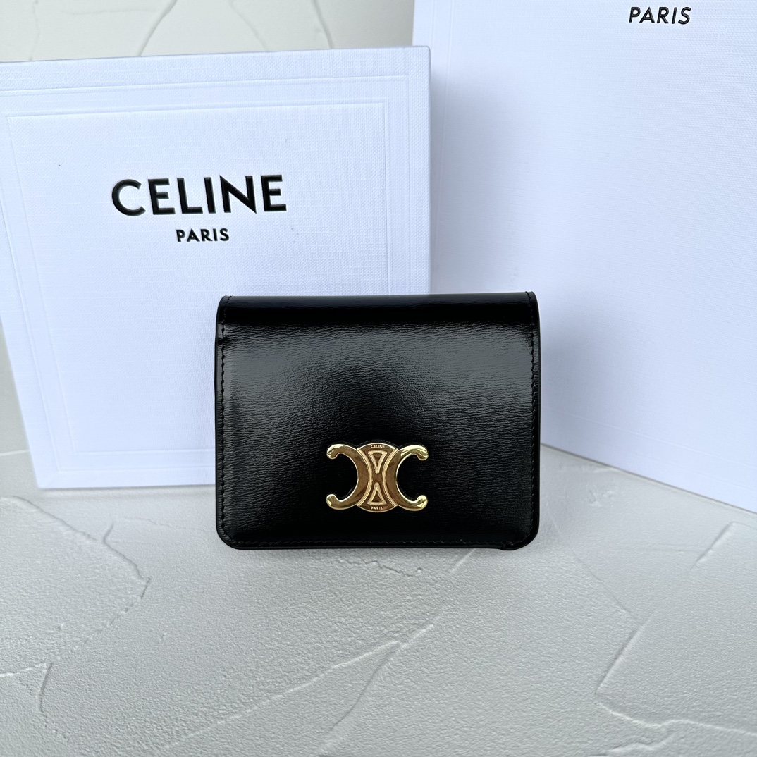 Bagsaaa Ce1i*e Triomphe Compact Wallet In Shiny Calfskin Black - 11 x 9 x 3 CM