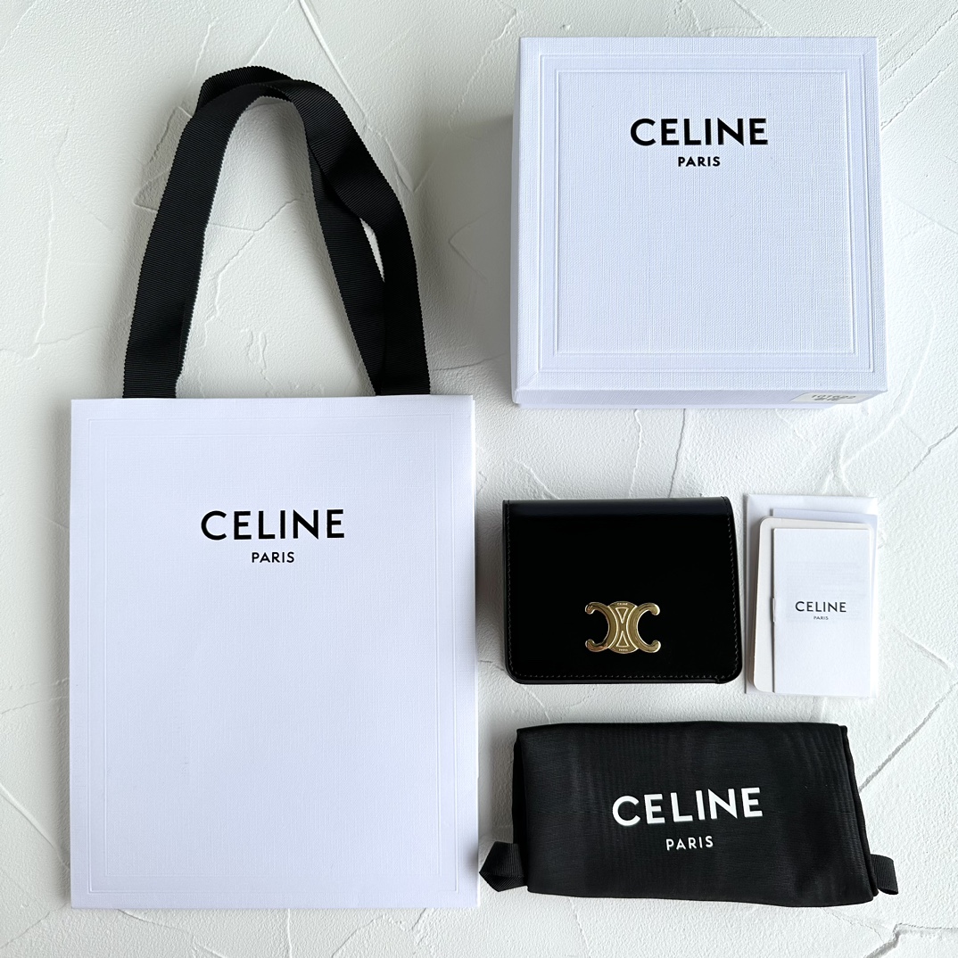 Bagsaaa Ce1i*e Triomphe Compact Wallet In Shiny Calfskin Black - 11 x 9 x 3 CM
