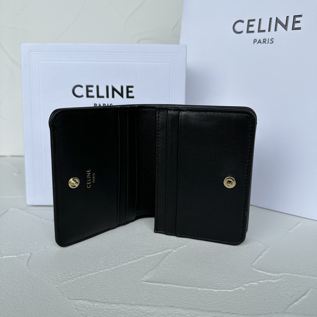 Bagsaaa Ce1i*e Triomphe Compact Wallet In Shiny Calfskin Black - 11 x 9 x 3 CM