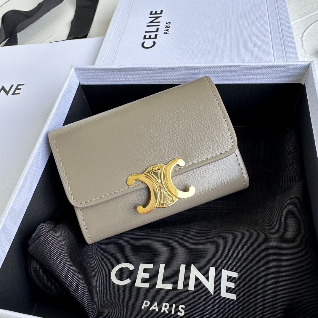 Bagsaaa Ce1i*e Compact Wallet With Coin Triomphe In Shiny Calfskin Beige - 10cm
