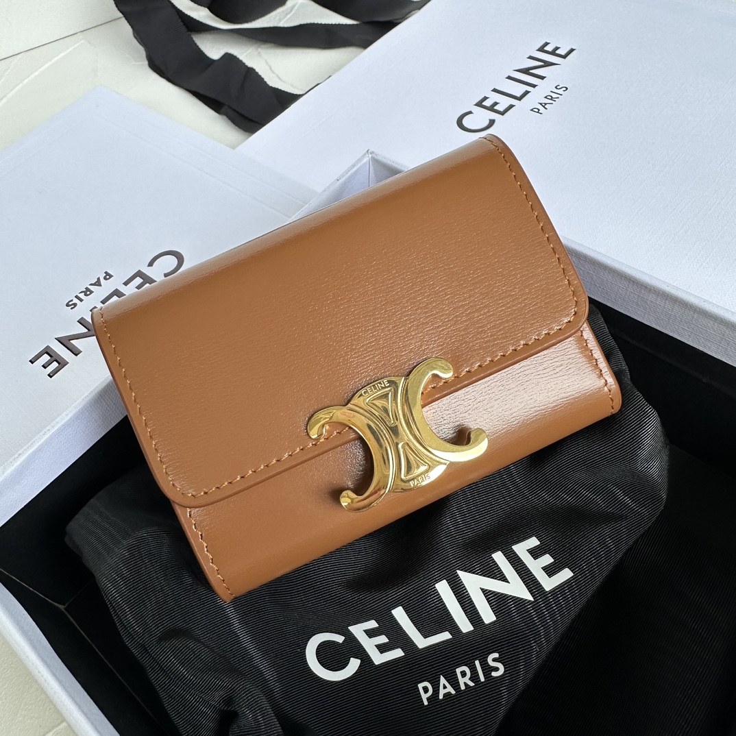 Bagsaaa Ce1i*e Compact Wallet With Coin Triomphe In Shiny Calfskin Brown - 10cm