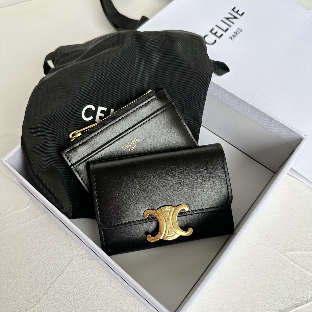 Bagsaaa Ce1i*e Compact Wallet With Coin Triomphe In Shiny Calfskin Black - 10cm
