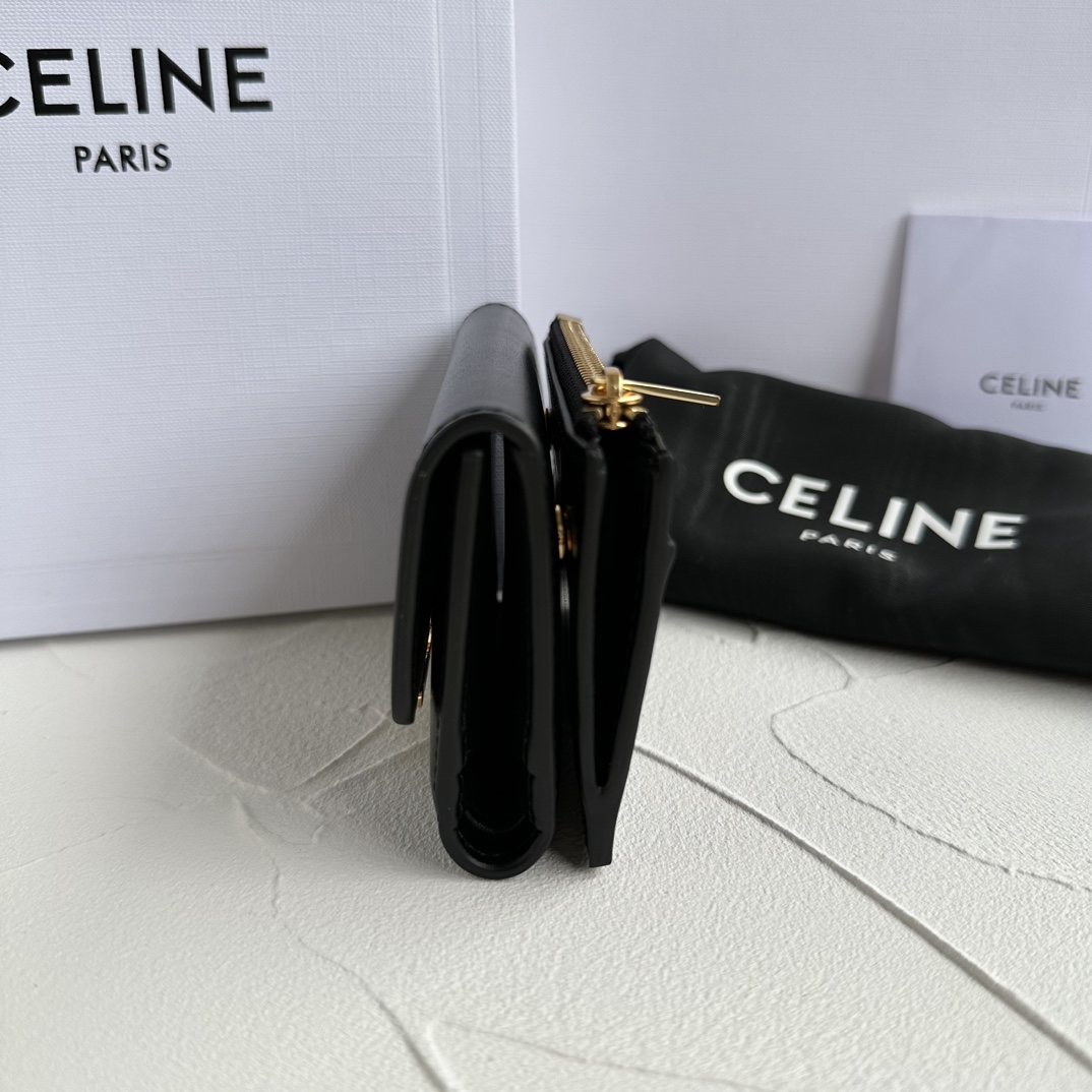 Bagsaaa Ce1i*e Compact Wallet With Coin Triomphe In Shiny Calfskin Black - 10cm