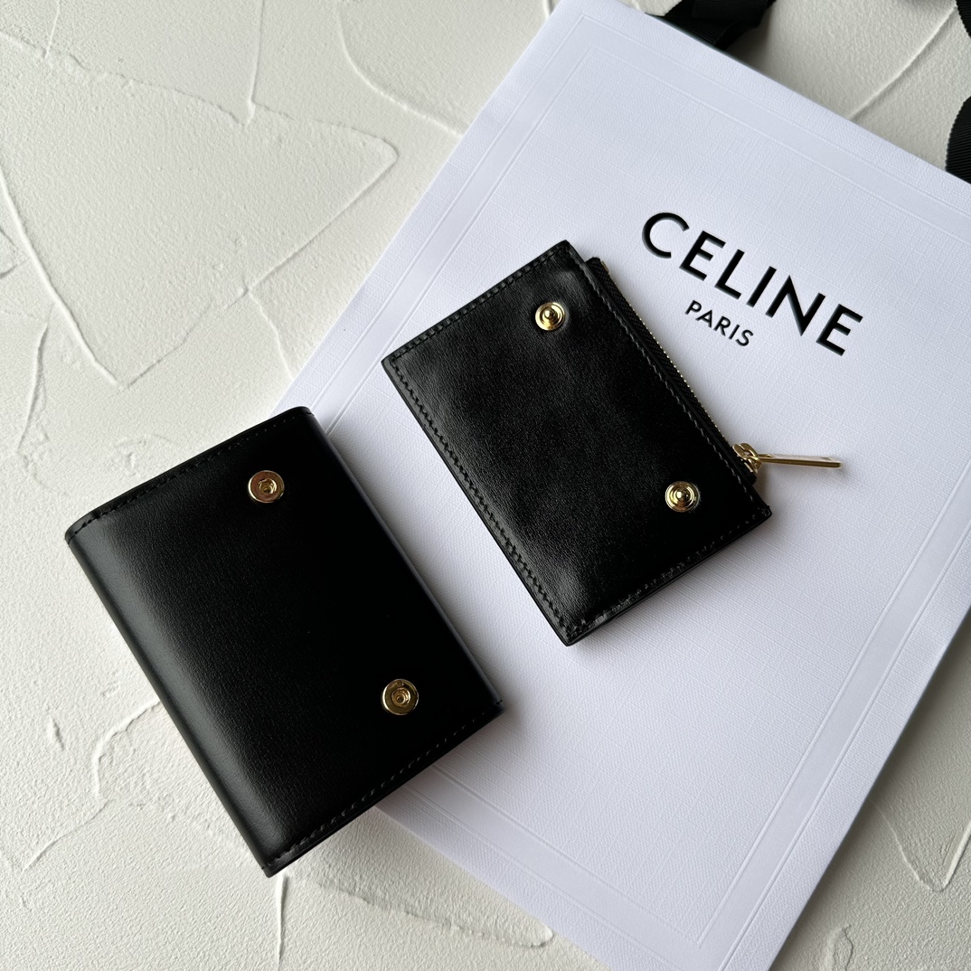 Bagsaaa Ce1i*e Compact Wallet With Coin Triomphe In Shiny Calfskin Black - 10cm