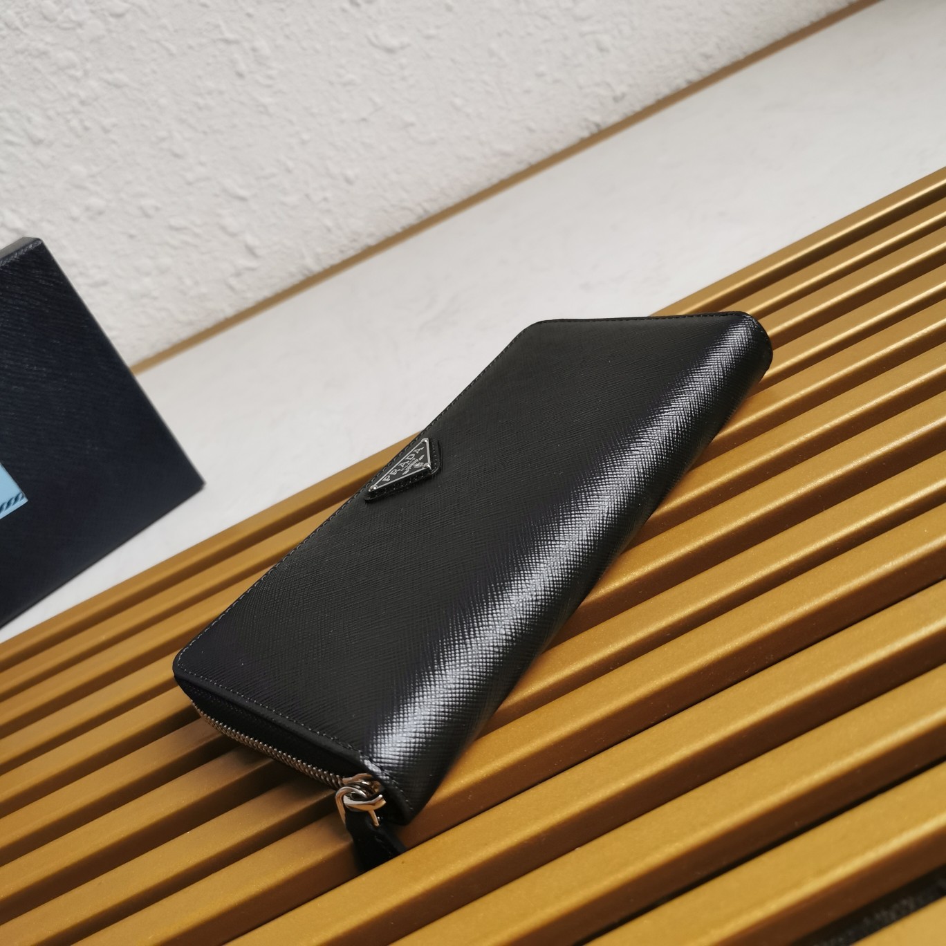 Bagsaaa Pra*a Large Saffiano Leather Wallet Black & Silver - 20cm