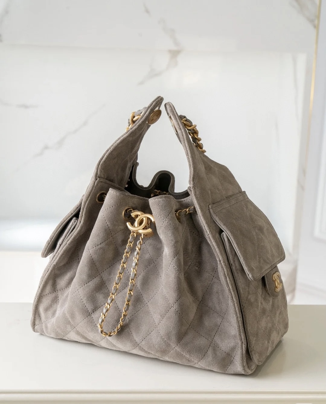 Bagsaaa Ch**el 25 Small Handbag Beige Suede - 30cm