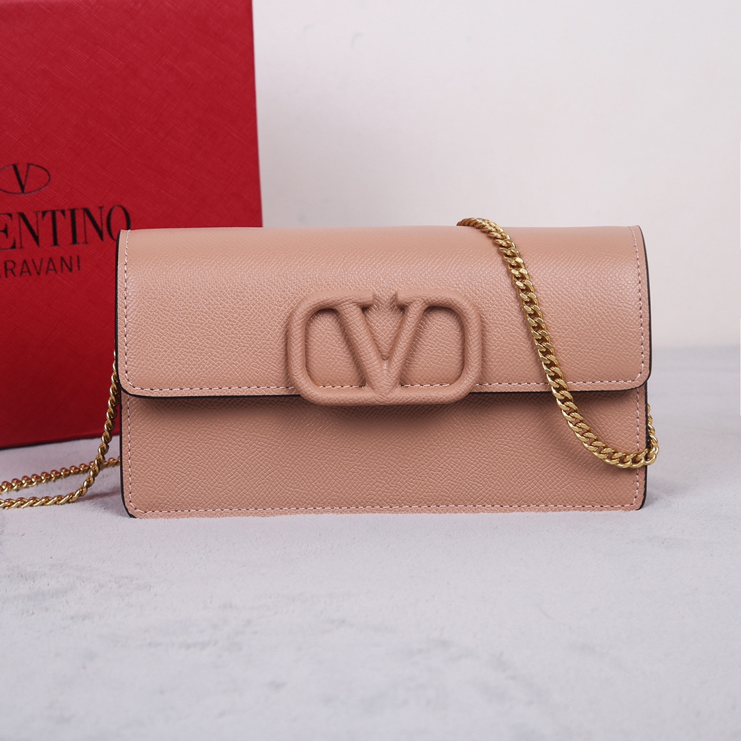 Bagsaaa Vlogo Signature Grainy Calfskin Wallet With Chain Rose Cannelle - 20cm