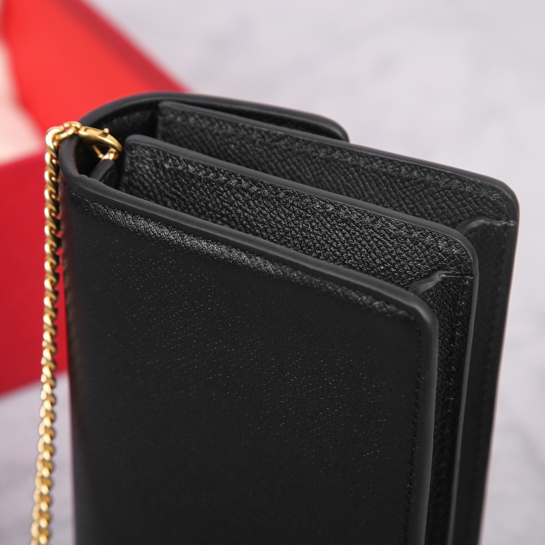 Bagsaaa Vlogo Signature Grainy Calfskin Wallet With Chain Black - 20cm
