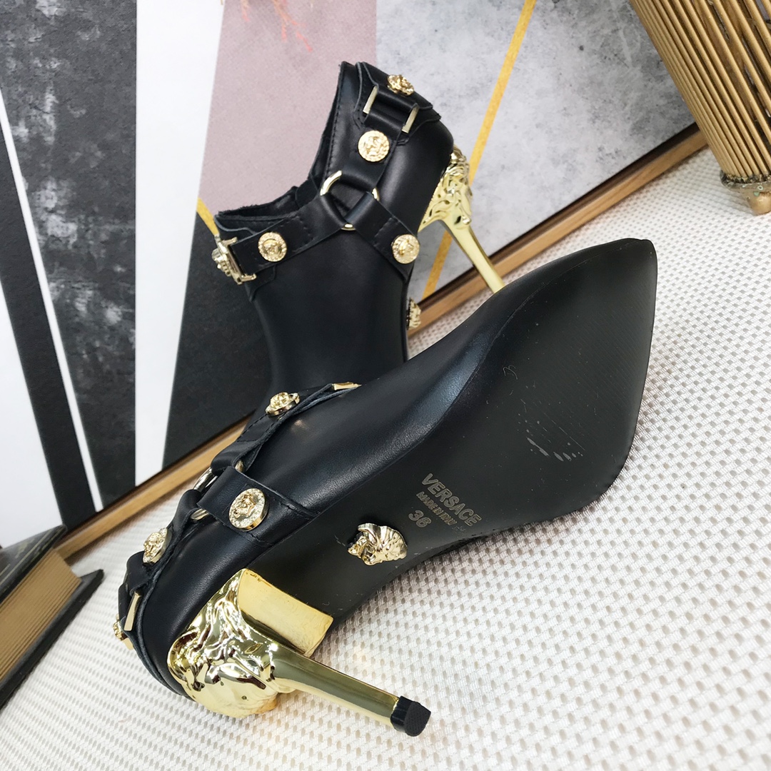 Bagsaaa Versace Black Leather Medusa Ankle Length Booties