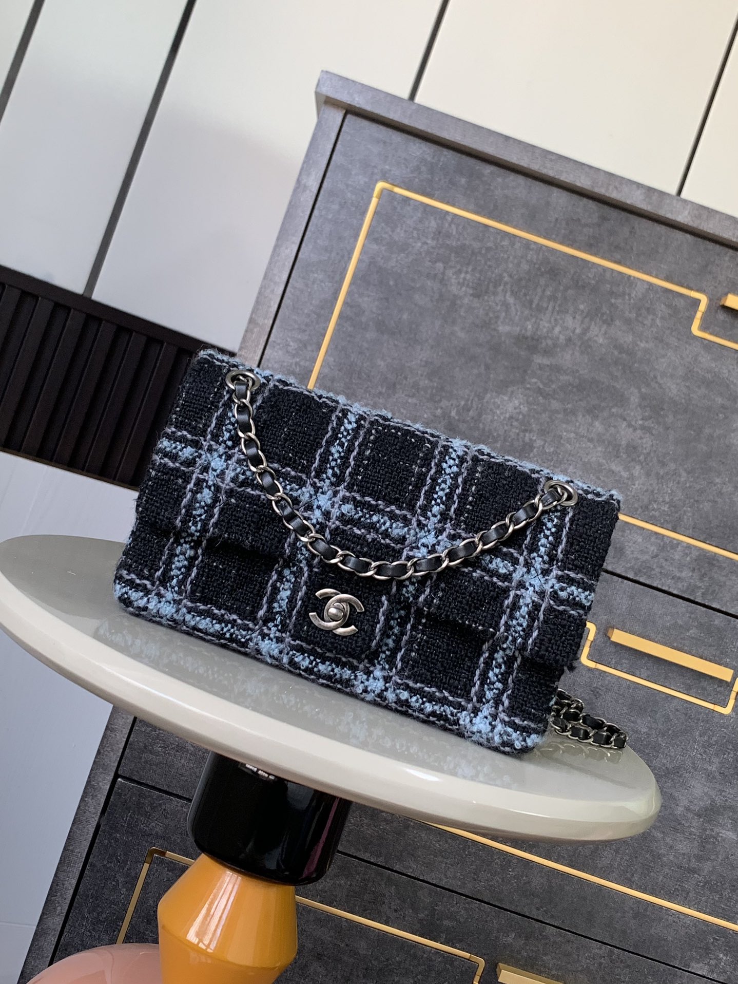 Bagsaaa Ch**el Classic 11.12 Handbag A01112 Blue Wool Tweed - 25.5cm