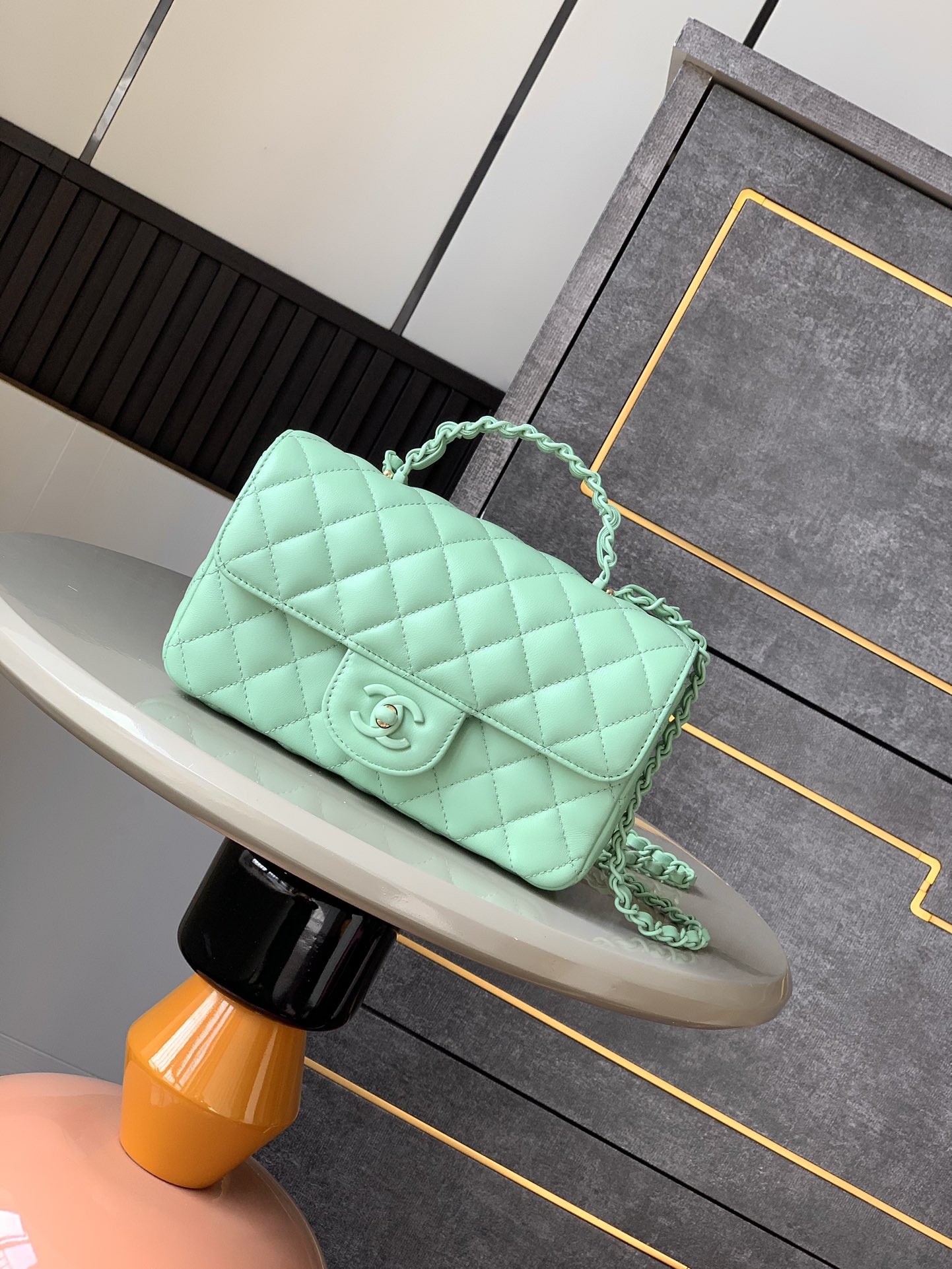 Bagsaaa Ch**el Mini Flap Bag with Top Handle AS5243 Light Green - 20cm