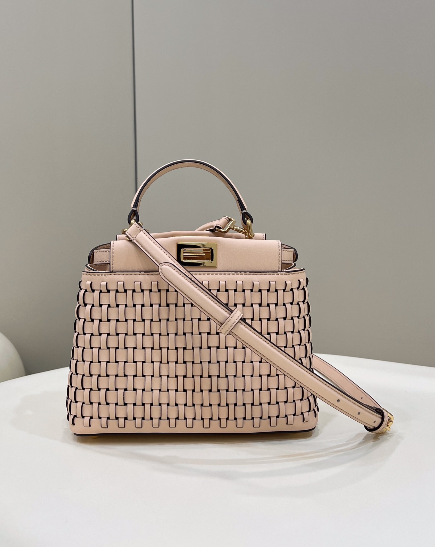 Bagsaaa F**di Pink Woven Leather Mini Peekaboo Top Handle Bag - 23cm