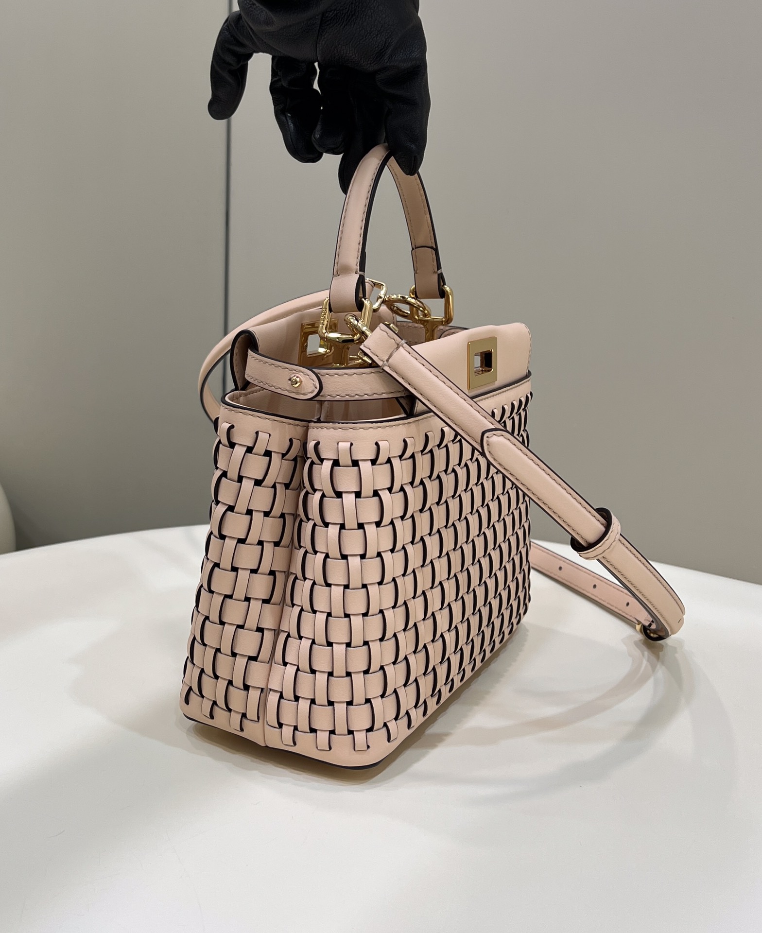 Bagsaaa F**di Pink Woven Leather Mini Peekaboo Top Handle Bag - 23cm