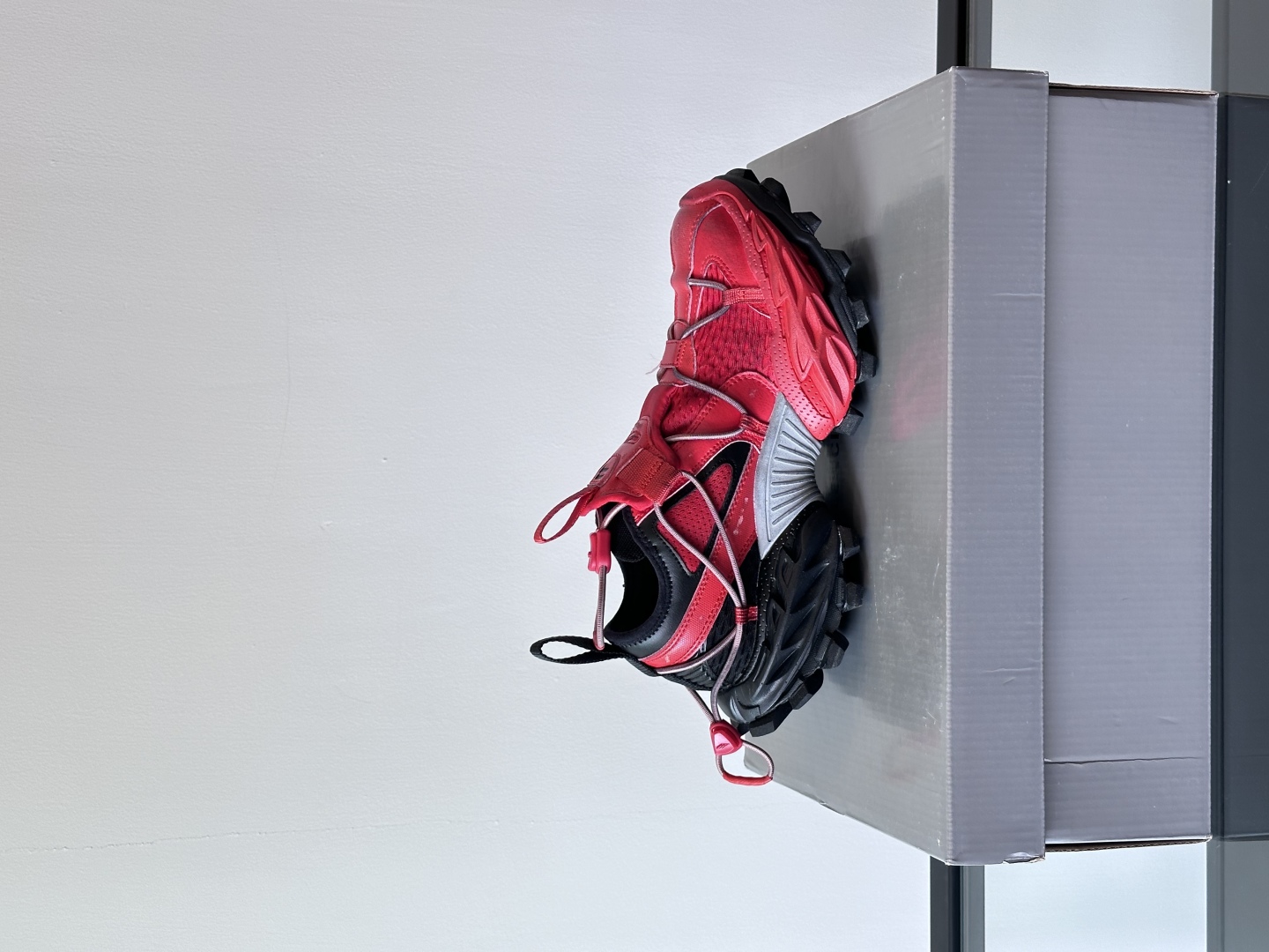 Bagsaaa Ba1en*iaga Hike Sneaker in red and black mesh 