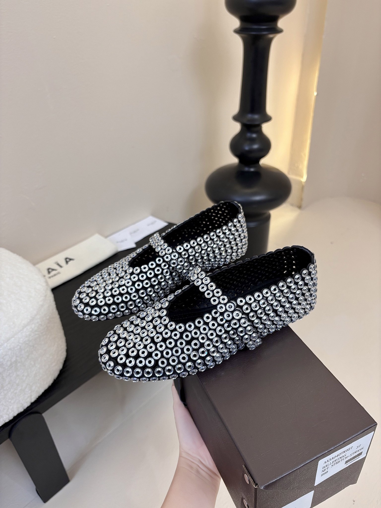 Bagsaaa Alaia Ballet Flats In Glass Eyelet Suede Goatskin Black