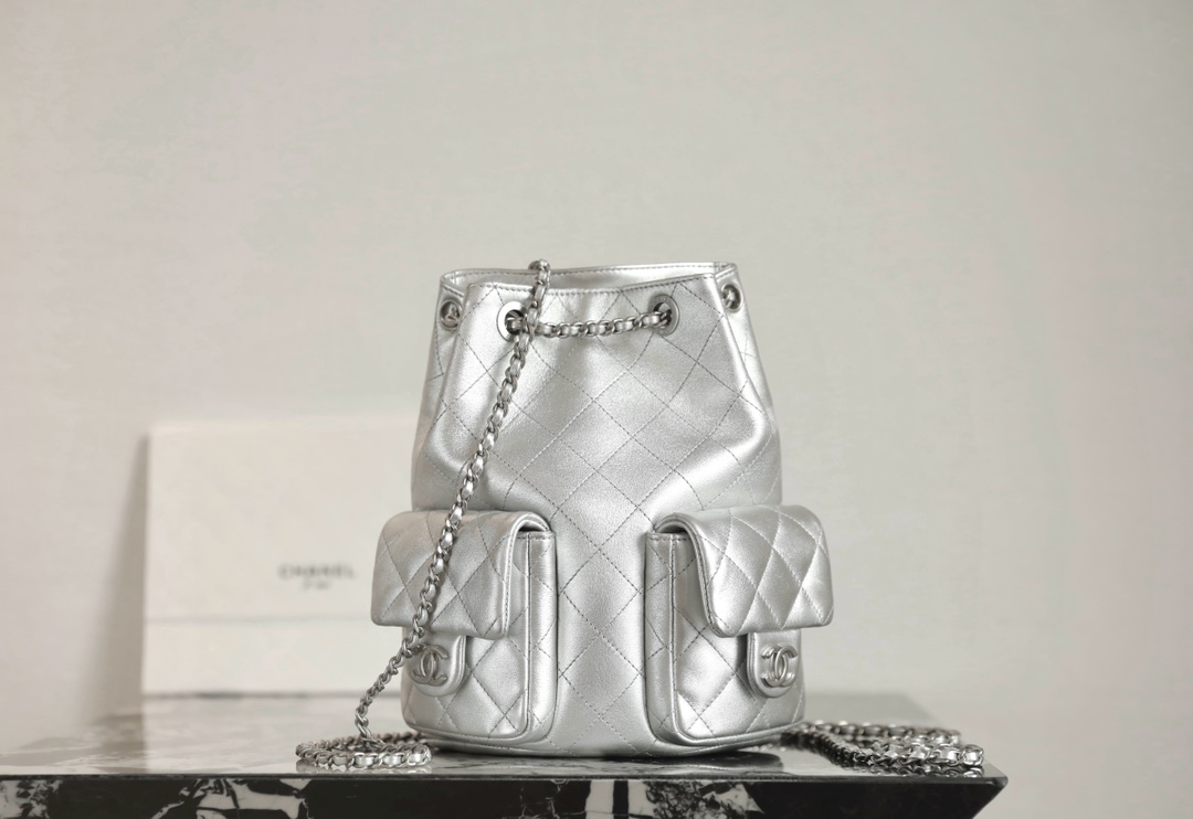 Bagsaaa Ch**el Backpack AS5310 Silver Lambskin - 24.5 x 18 x 8cm