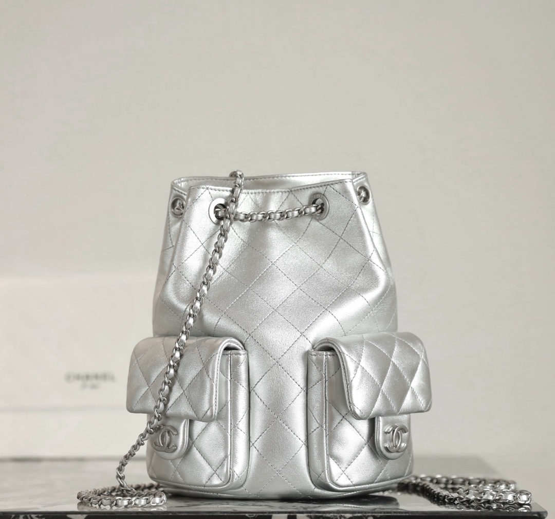 Bagsaaa Ch**el Backpack AS5310 Silver Lambskin - 24.5 x 18 x 8cm