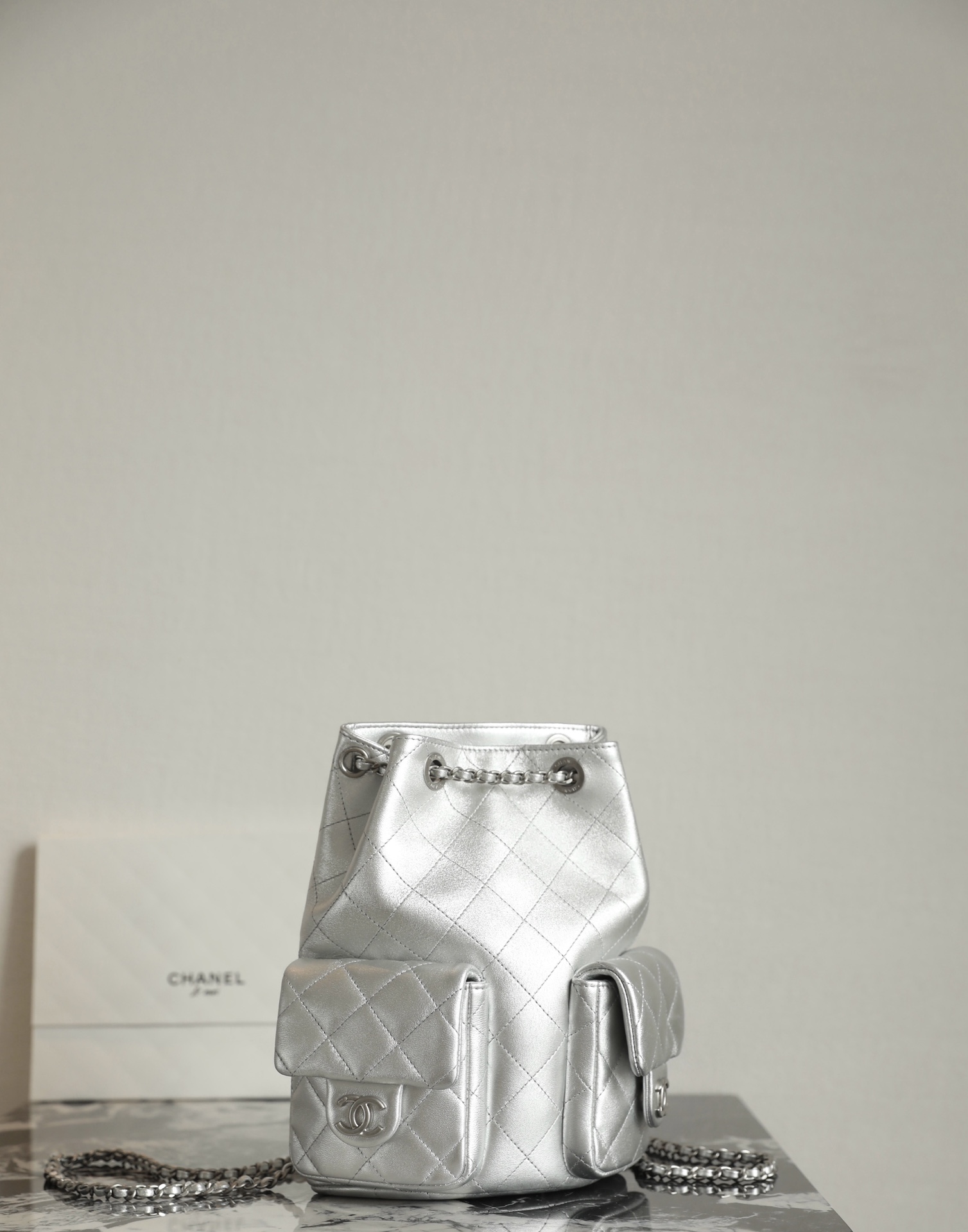 Bagsaaa Ch**el Backpack AS5310 Silver Lambskin - 24.5 x 18 x 8cm