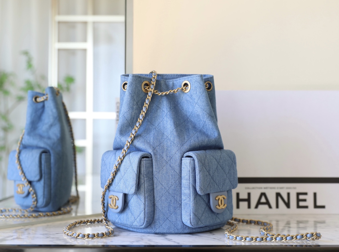 Bagsaaa Ch**el Backpack AS5310 Blue Denim - 24.5 x 18 x 8cm