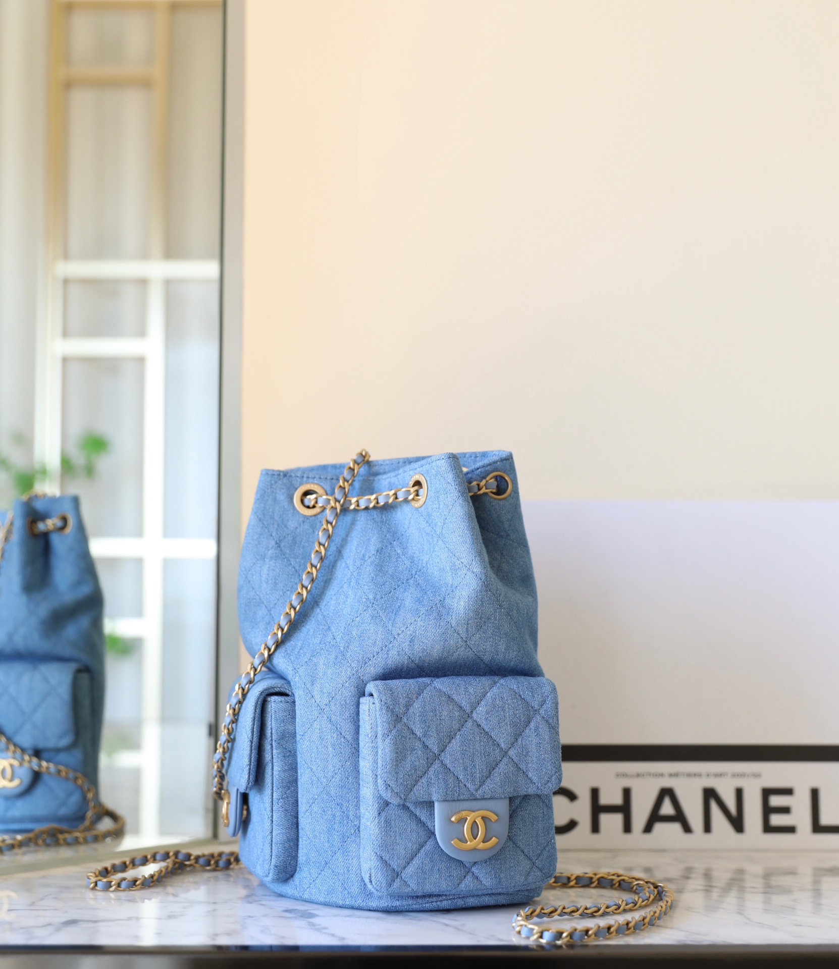 Bagsaaa Ch**el Backpack AS5310 Blue Denim - 24.5 x 18 x 8cm