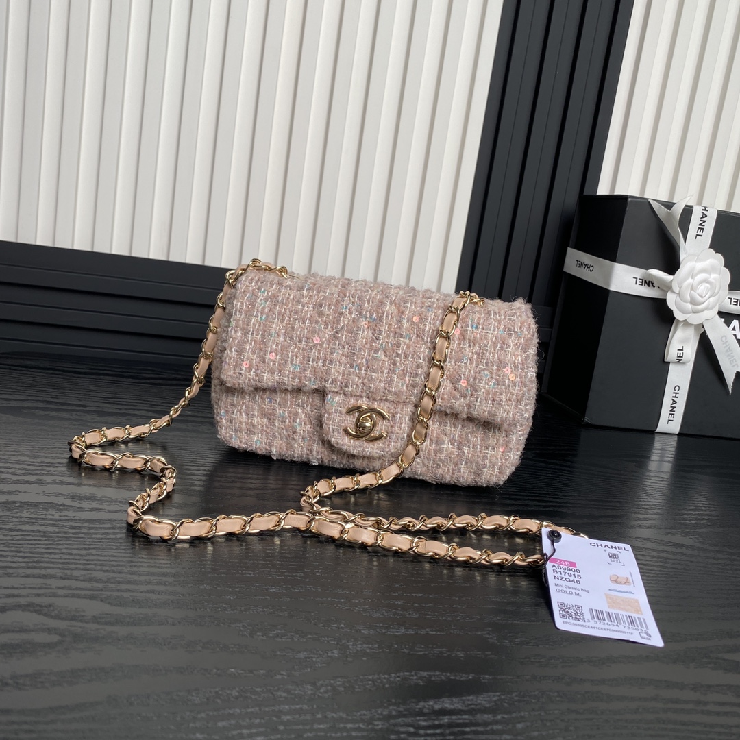 Bagsaaa Ch**el Mini Classic Handbag A69900 Beige Tweed - 12 x 20 x 6cm