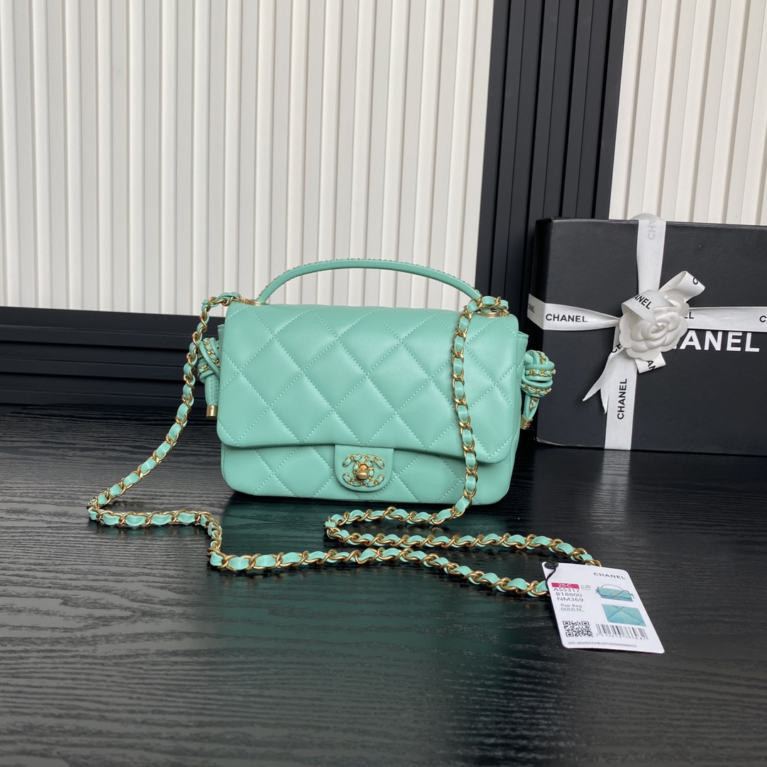 Bagsaaa Ch**el Flap Bag with Top Handle AS5317 Green Lambskin - 22 x 24 x 6cm