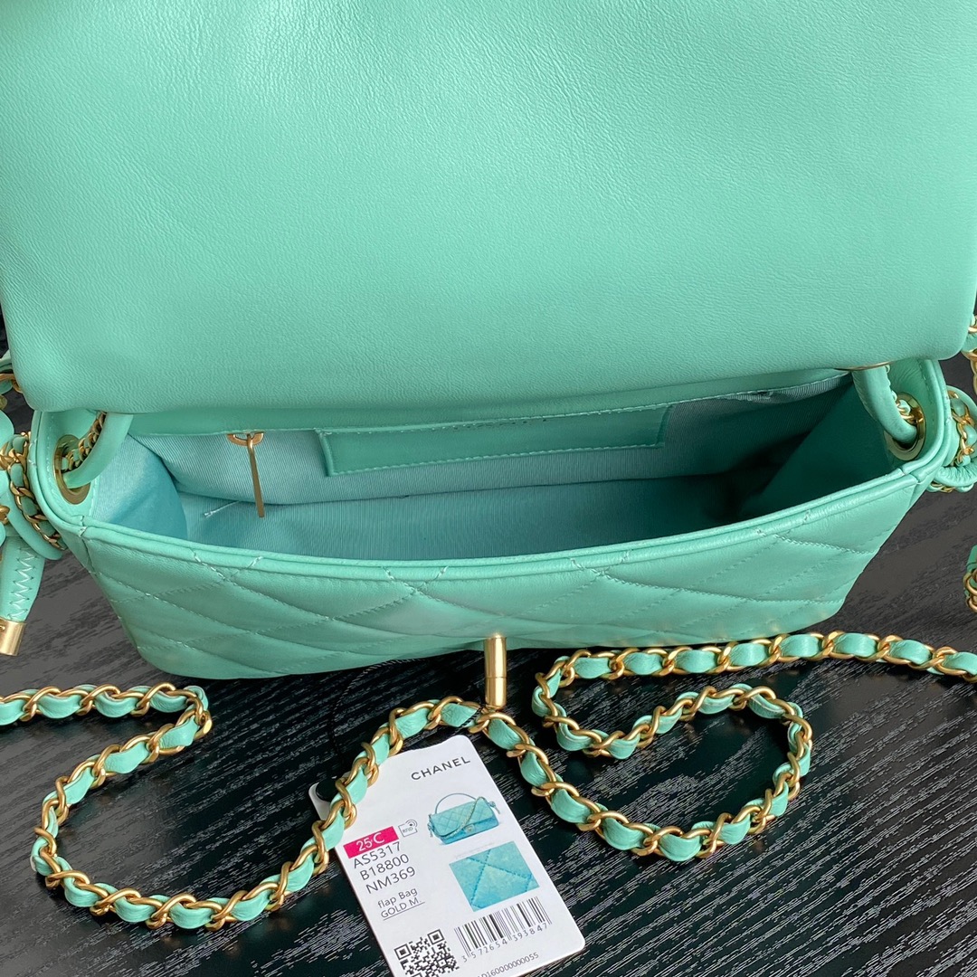Bagsaaa Ch**el Flap Bag with Top Handle AS5317 Green Lambskin - 22 x 24 x 6cm