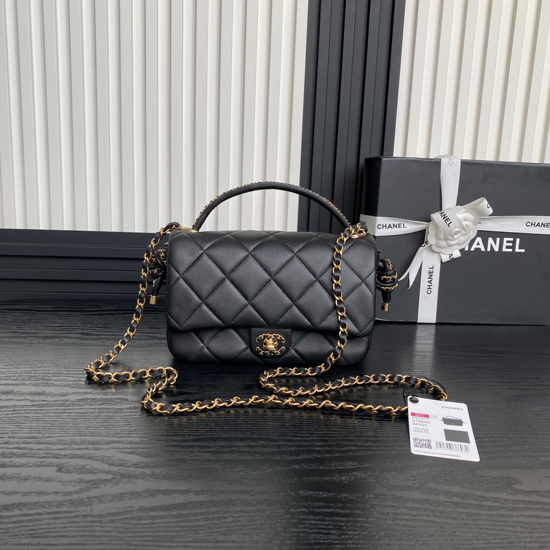 Bagsaaa Ch**el Flap Bag with Top Handle AS5317 Black Lambskin - 22 x 24 x 6cm
