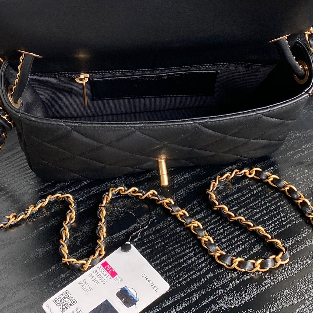Bagsaaa Ch**el Flap Bag with Top Handle AS5317 Black Lambskin - 22 x 24 x 6cm
