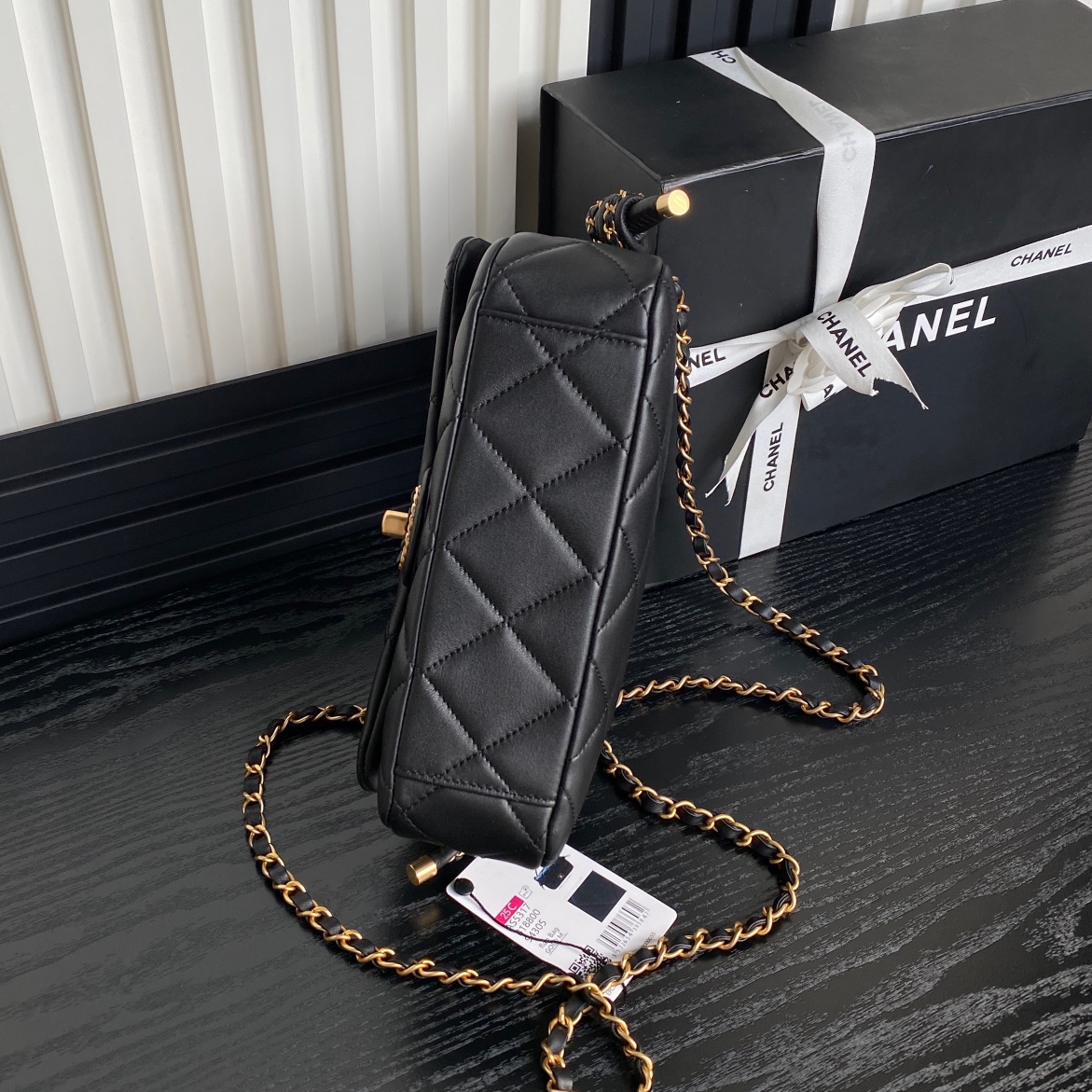 Bagsaaa Ch**el Flap Bag with Top Handle AS5317 Black Lambskin - 22 x 24 x 6cm
