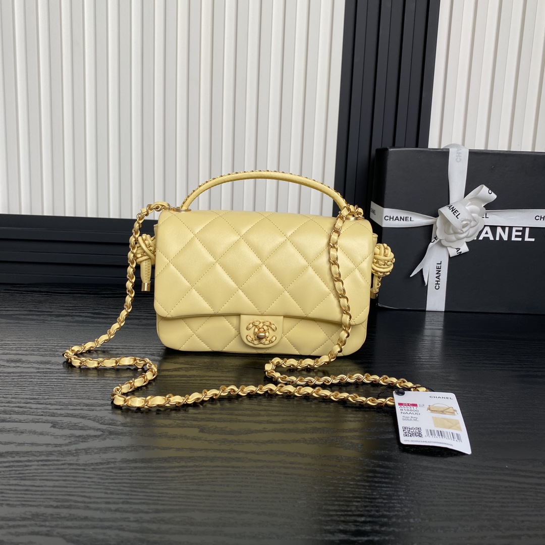 Bagsaaa Ch**el Flap Bag with Top Handle AS5317 Yellow Lambskin - 22 x 24 x 6cm